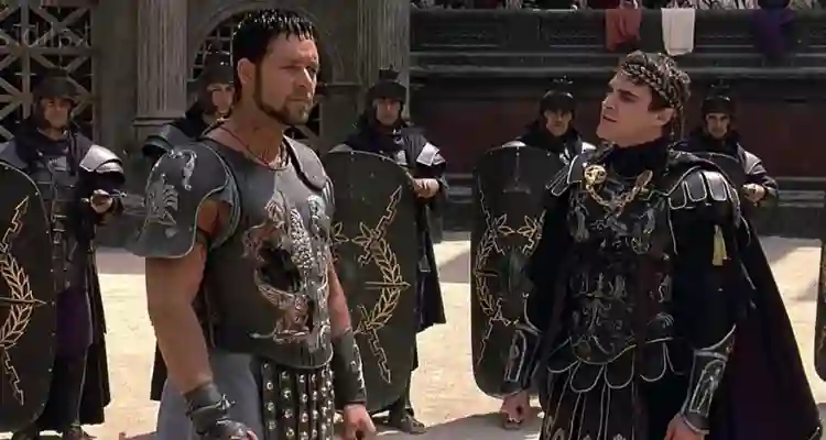 Joaquin Phoenix y Russell Crowe en Gladiator (2000)